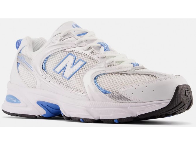 New Balance 530 White with silver metallic and sky blue