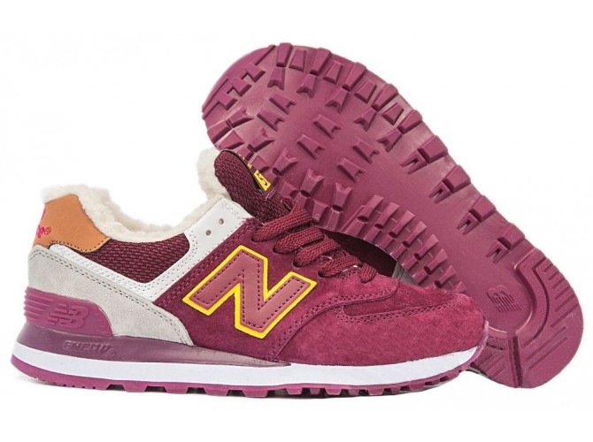 Кроссовки New Balance 574 зимние с мехом бордовые с белым