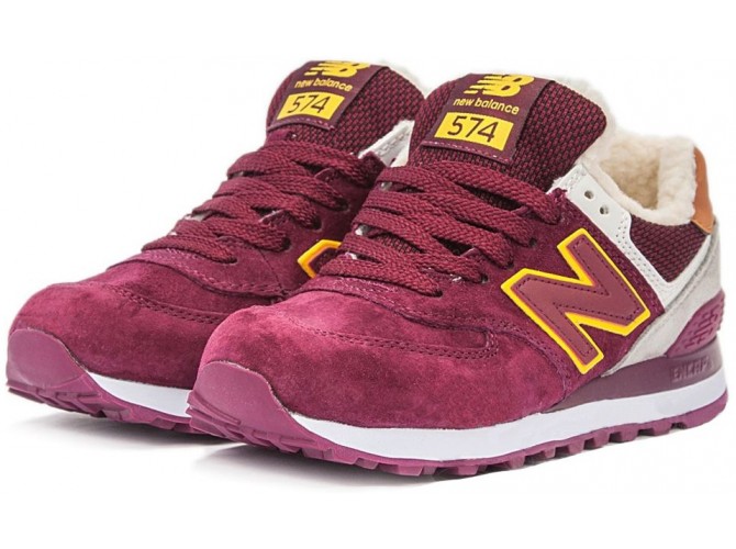 Кроссовки New Balance 574 зимние с мехом бордовые с белым