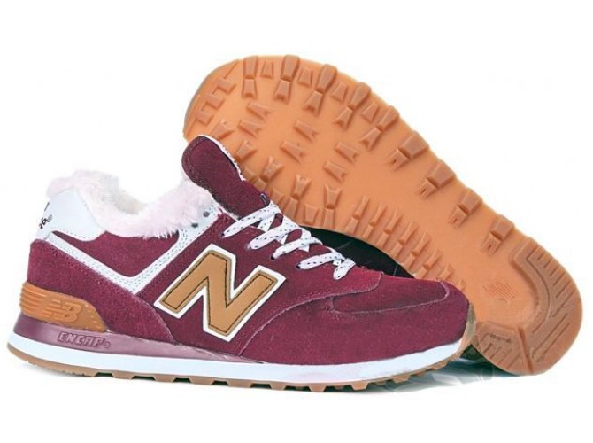 Кроссовки New Balance 574 Maroon зимние с мехом красные
