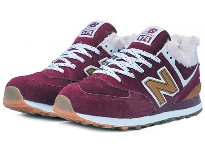 Кроссовки New Balance 574 Maroon зимние с мехом красные