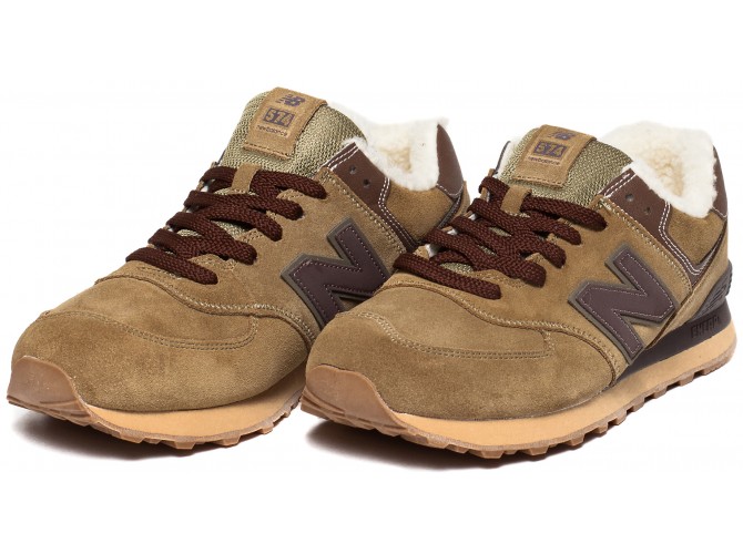 Кроссовки New Balance 574 light brown коричневые зимние с мехом