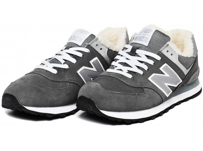 Кроссовки New Balance 574 серые замшевые зимние с мехом