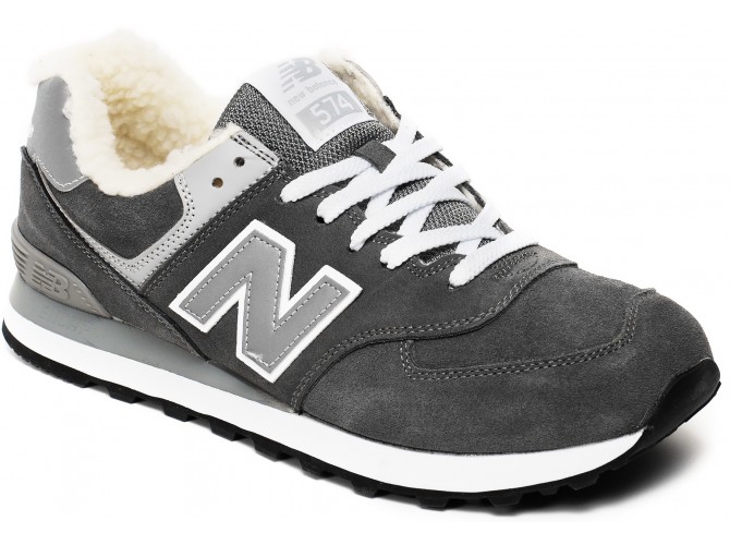 Кроссовки New Balance 574 серые замшевые зимние с мехом
