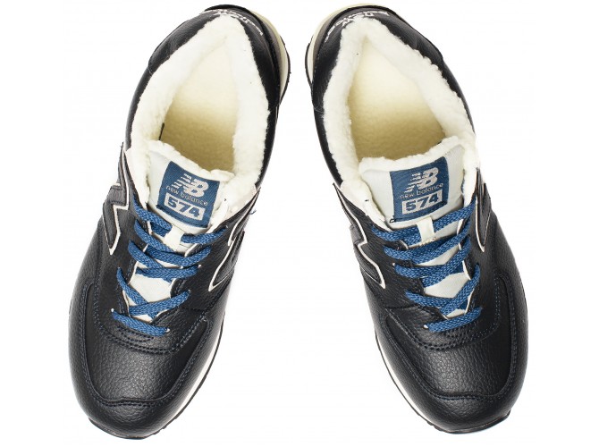 Кроссовки New Balance 574 синие кожаные зимние с мехом