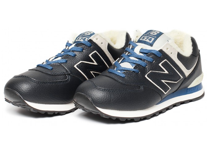 Кроссовки New Balance 574 синие кожаные зимние с мехом