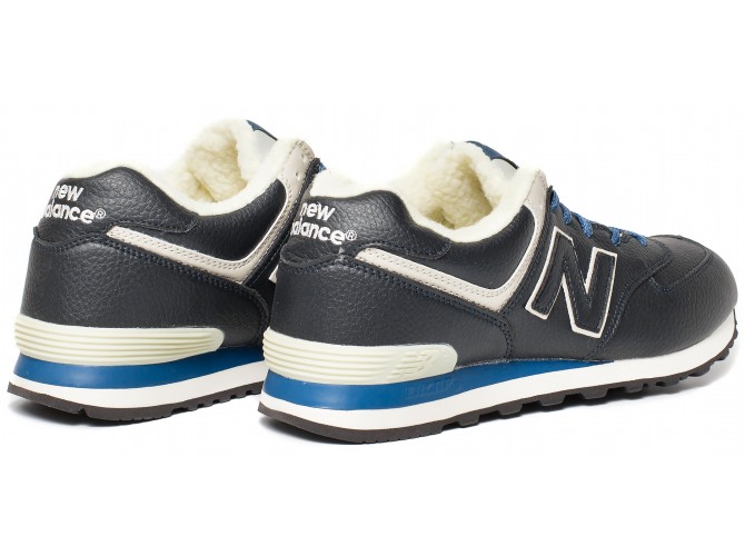 Кроссовки New Balance 574 синие кожаные зимние с мехом