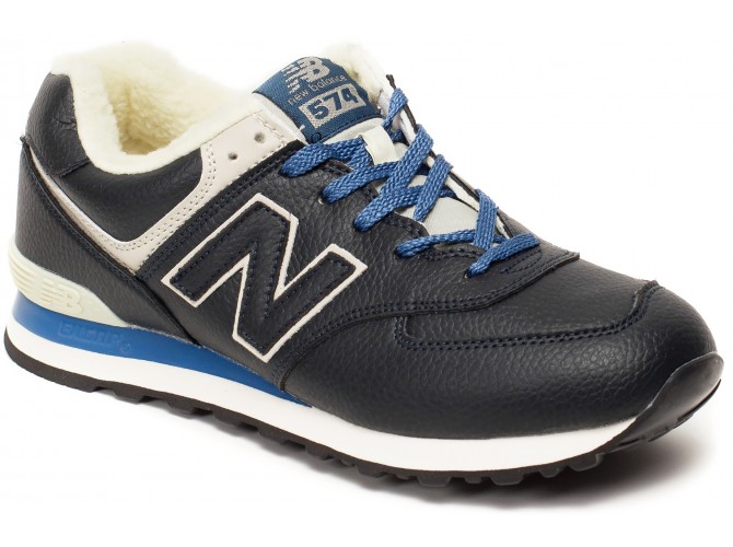 Кроссовки New Balance 574 синие кожаные зимние с мехом